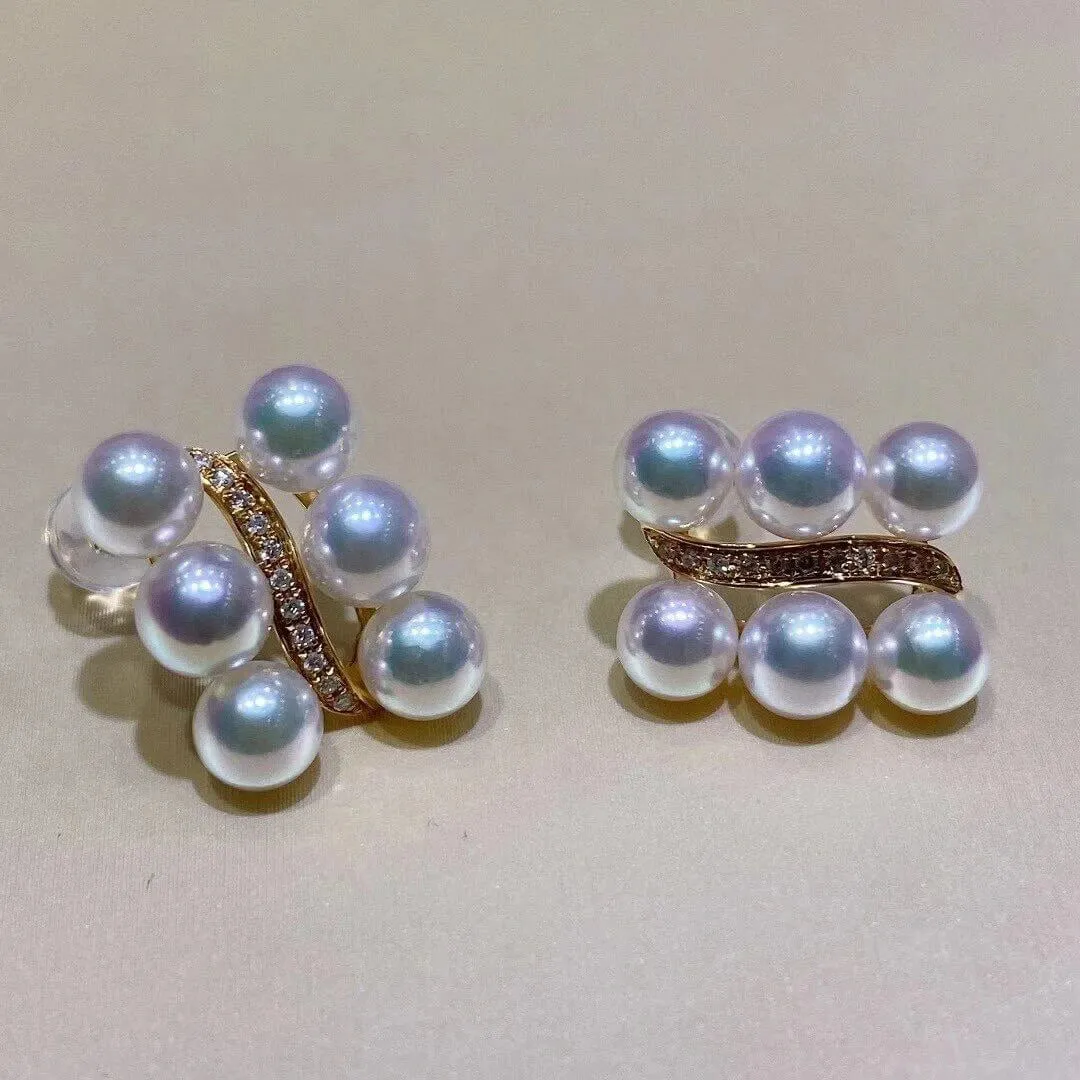 4.0-4.5 mm White Akoya Pearl Cluster Half Hoop Earrings with Diamonds in Gold