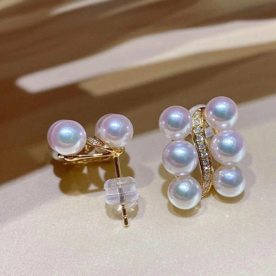 4.0-4.5 mm White Akoya Pearl Cluster Half Hoop Earrings with Diamonds in Gold