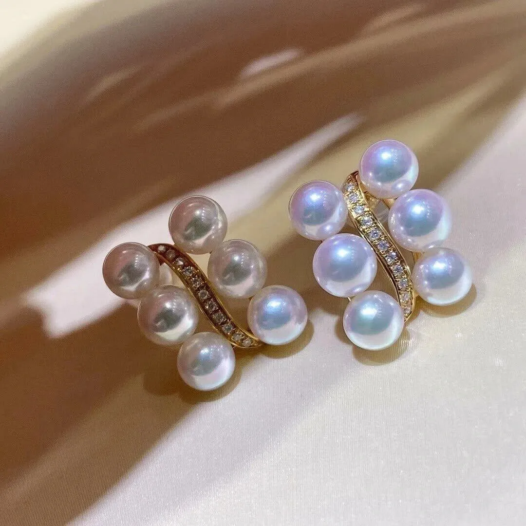 4.0-4.5 mm White Akoya Pearl Cluster Half Hoop Earrings with Diamonds in Gold