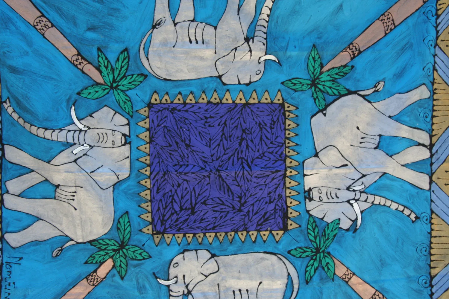 African Handpainted Tablecloth 52"X60" Elephant with Palm Trees