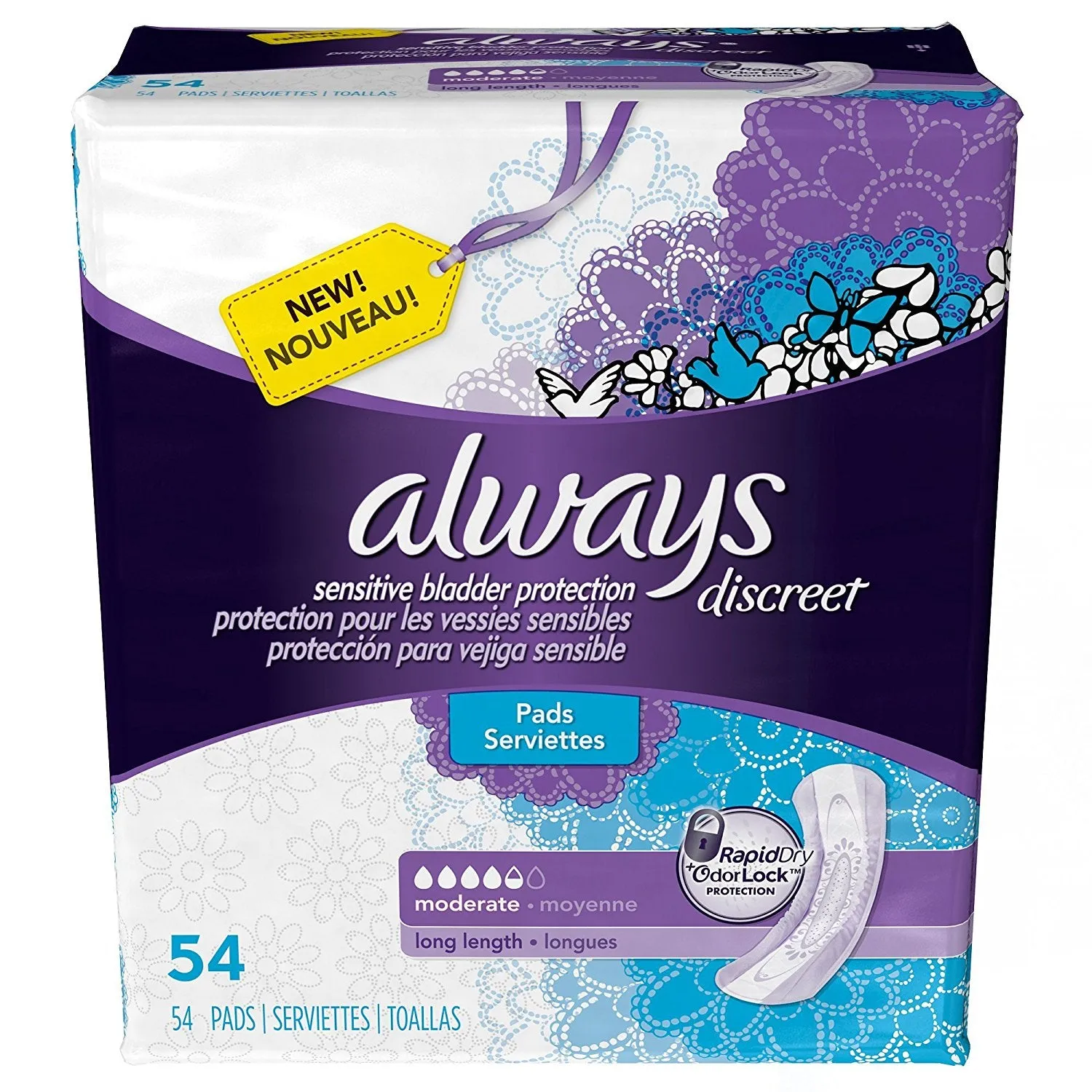 Always Discreet Incontinence Pads for Women, Moderate Absorbency, Long Length, 162 count