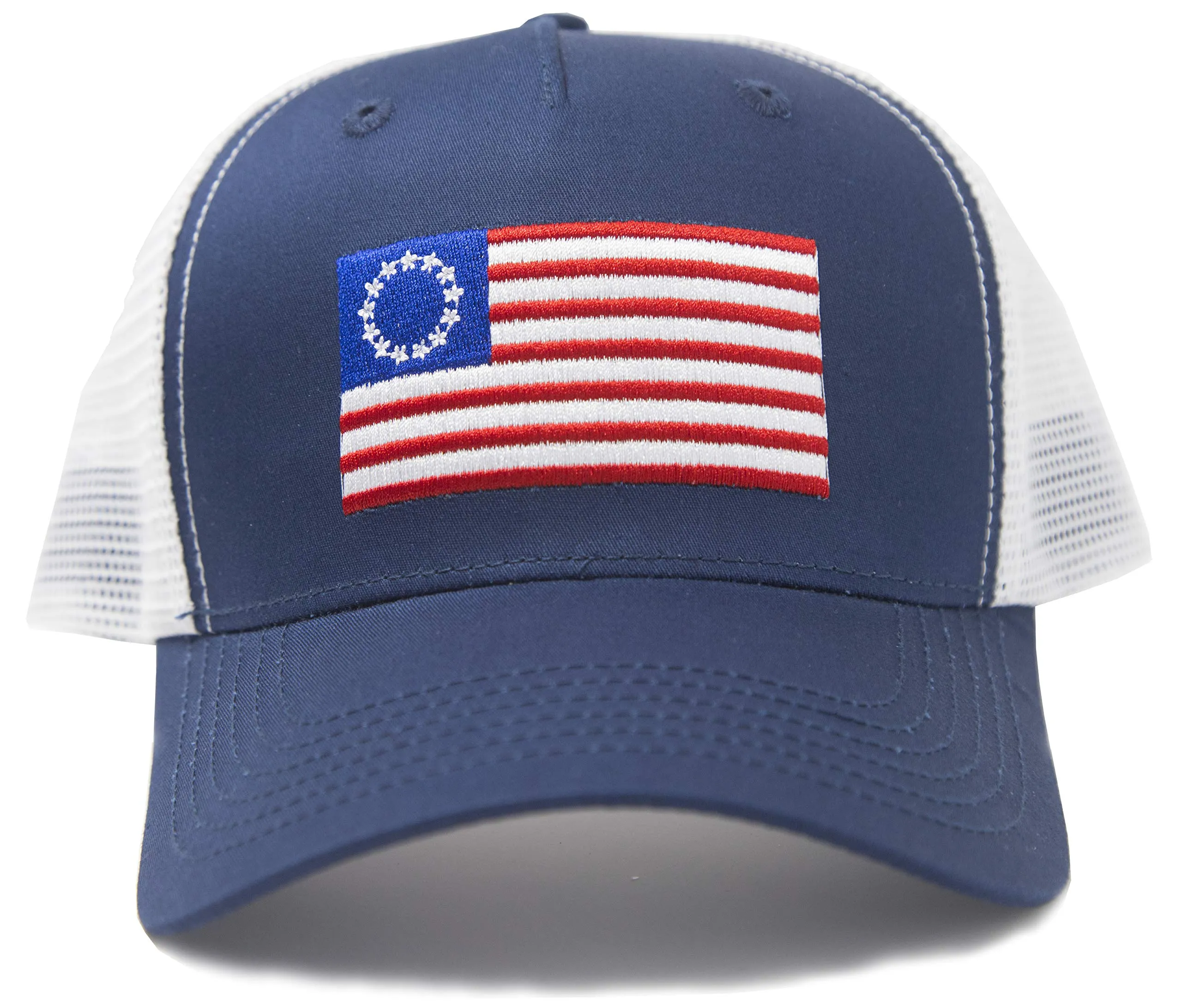 American Betsy Ross Flag Trucker Baseball Snapback Hat (Navy Blue) - International Tie