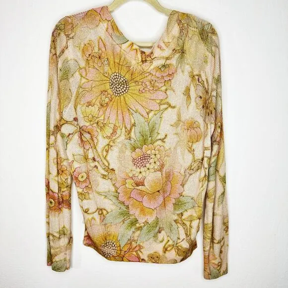 Anthropologie The Dreamer Floral Printed V Neck Linen Blend Knit Sweater Large