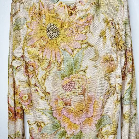 Anthropologie The Dreamer Floral Printed V Neck Linen Blend Knit Sweater Large