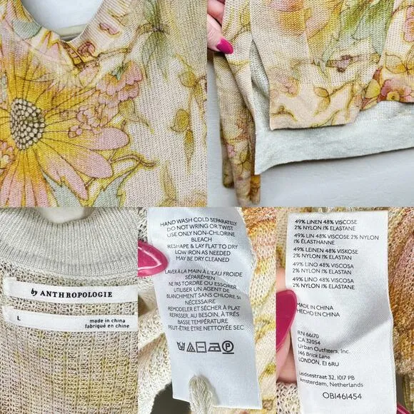 Anthropologie The Dreamer Floral Printed V Neck Linen Blend Knit Sweater Large
