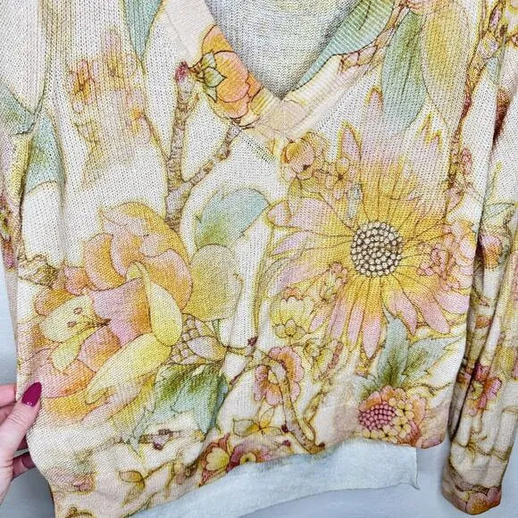 Anthropologie The Dreamer Floral Printed V Neck Linen Blend Knit Sweater Large