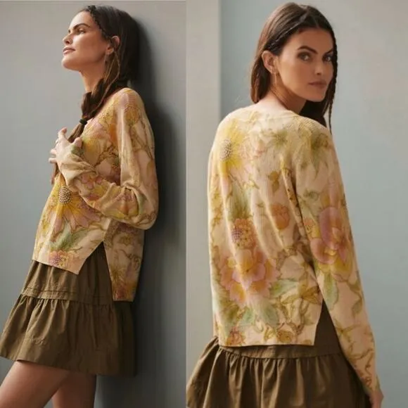 Anthropologie The Dreamer Floral Printed V Neck Linen Blend Knit Sweater Large