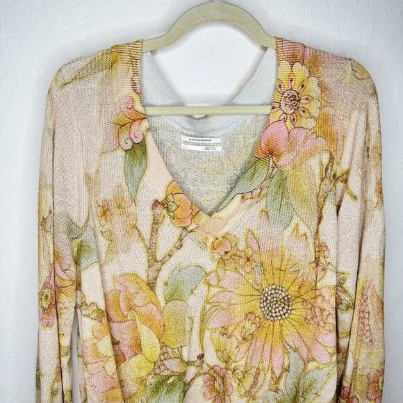 Anthropologie The Dreamer Floral Printed V Neck Linen Blend Knit Sweater Large