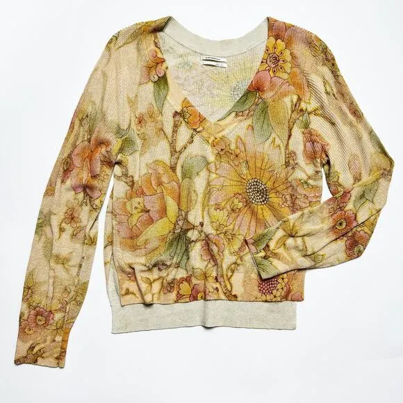 Anthropologie The Dreamer Floral Printed V Neck Linen Blend Knit Sweater Large