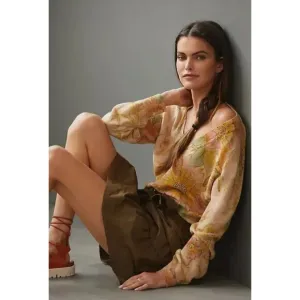 Anthropologie The Dreamer Floral Printed V Neck Linen Blend Knit Sweater Large