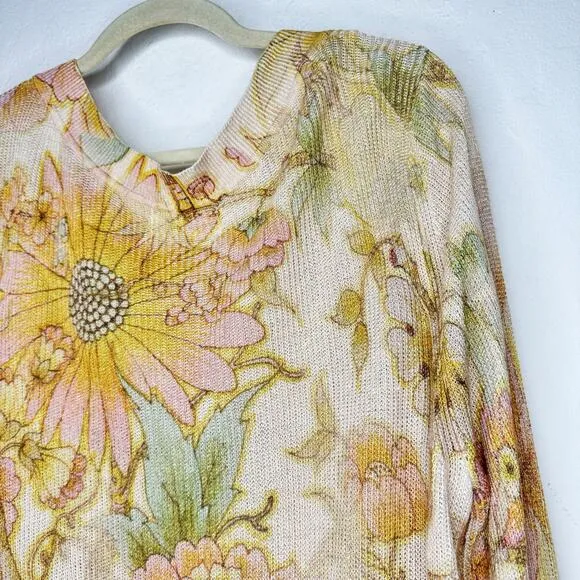 Anthropologie The Dreamer Floral Printed V Neck Linen Blend Knit Sweater Large