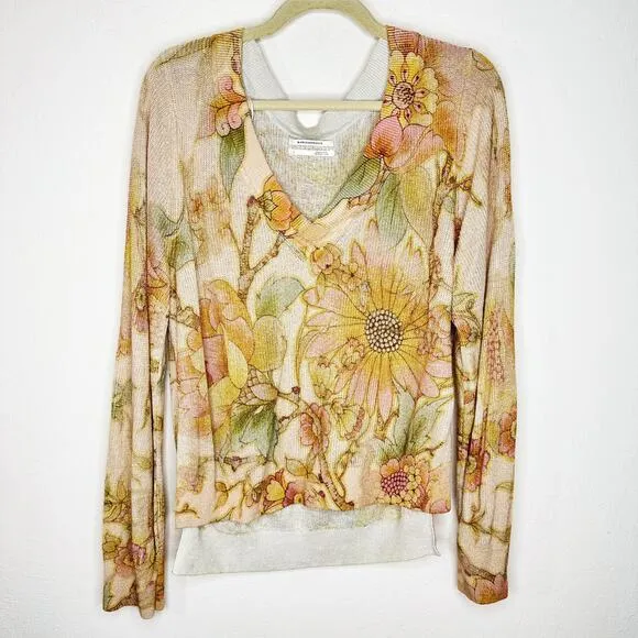 Anthropologie The Dreamer Floral Printed V Neck Linen Blend Knit Sweater Large