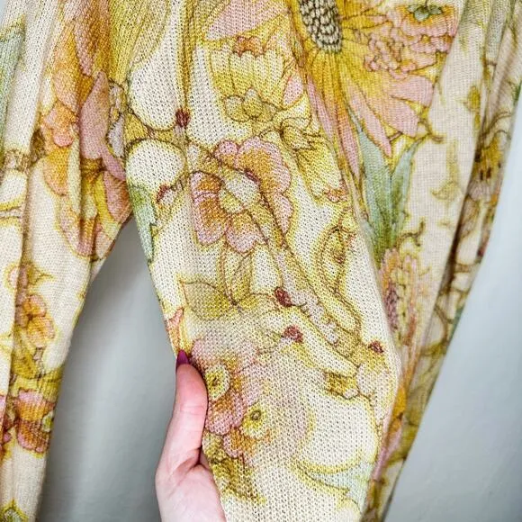Anthropologie The Dreamer Floral Printed V Neck Linen Blend Knit Sweater Large