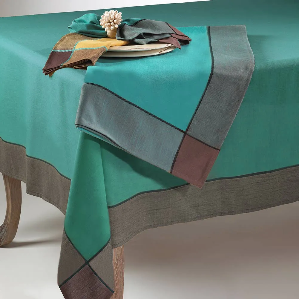 Aqua Blue and Brown Color Block Tablecloth 70"W x 104"L