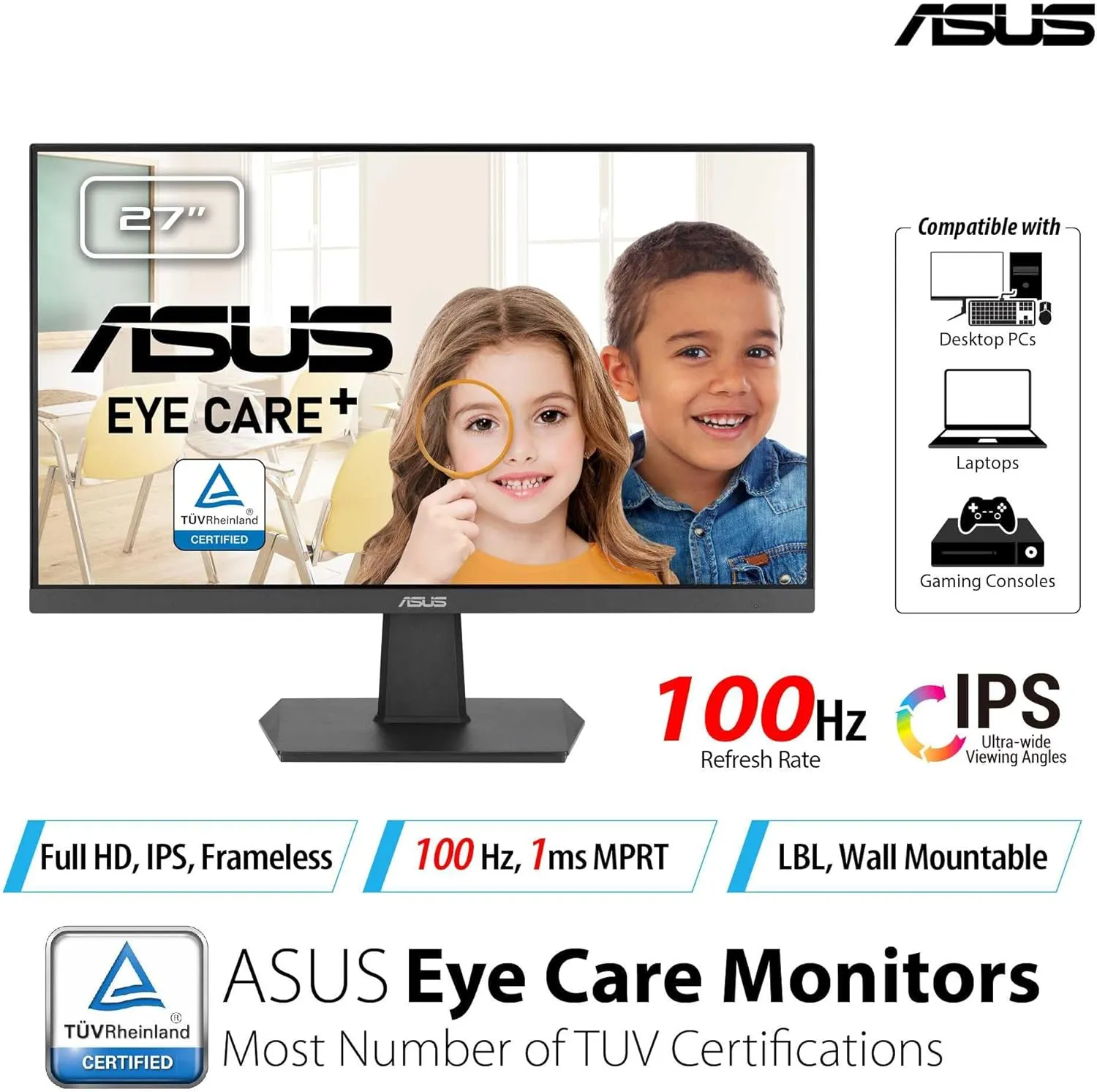 ASUS VA27EHF Eye Care Gaming Monitor – 27-inch, IPS, Full HD, Frameless, 100Hz, Adaptive-Sync, 1ms MPRT, HDMI, Low Blue Light, Flicker Free, Wall Mountable