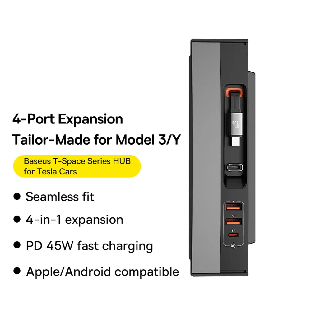 Baseus T-Space Expansion Dock for Tesla - 2A 1C Ports with Retractable Cable 45W - Starry Black