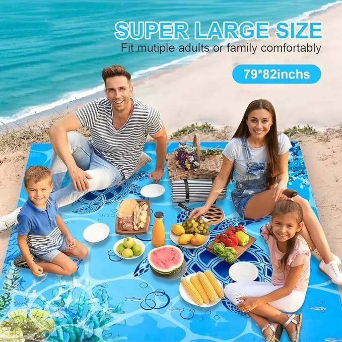 Beach Blanket, Sandproof Beach Mat 79" X 82" for 4-7 Adults, Large Waterproof Beach Blanket Quick Drying Lightweight Beach Blanket with 4 Stakes for Travel Camping Hiking (Sea Turtle)
