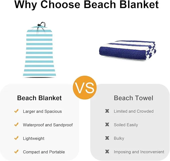 Beach Blanket Waterproof Sandproof, Large 78''×86'' Beach Picnic Blanket for 4 Adults with Stakes and Pocket, Sand Free Compact Pocket Beach Mat Essentials Accessories Must Haves-Blue Stripe