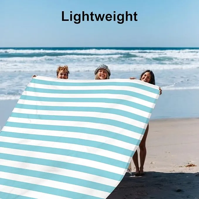 Beach Blanket Waterproof Sandproof, Large 78''×86'' Beach Picnic Blanket for 4 Adults with Stakes and Pocket, Sand Free Compact Pocket Beach Mat Essentials Accessories Must Haves-Blue Stripe
