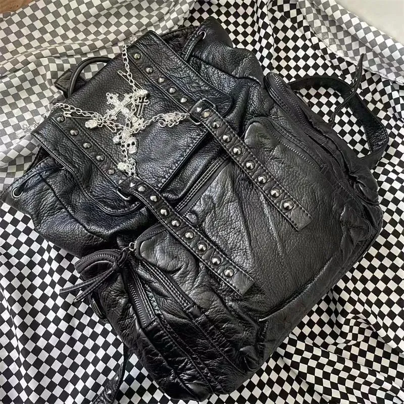 Black Faux Leather Gothic Charm Chain Backpack