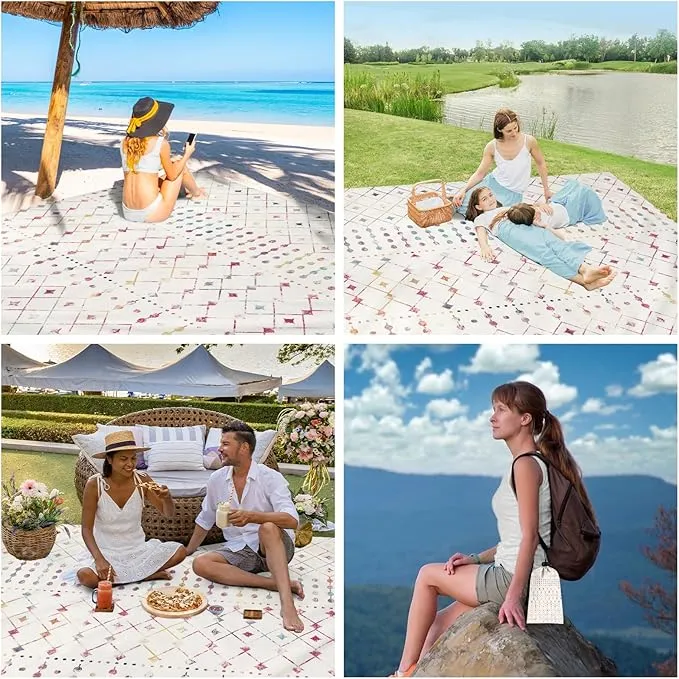 Boho Moroccan Beach Blanket Sandproof, Large 78"×86" Beach Mat Sand Free Waterproof Fits Up to 4 Adult, Compact Quick Dry Polyester Outdoor Picnic Blanket with Stakes for Travel, Camping, Hiking