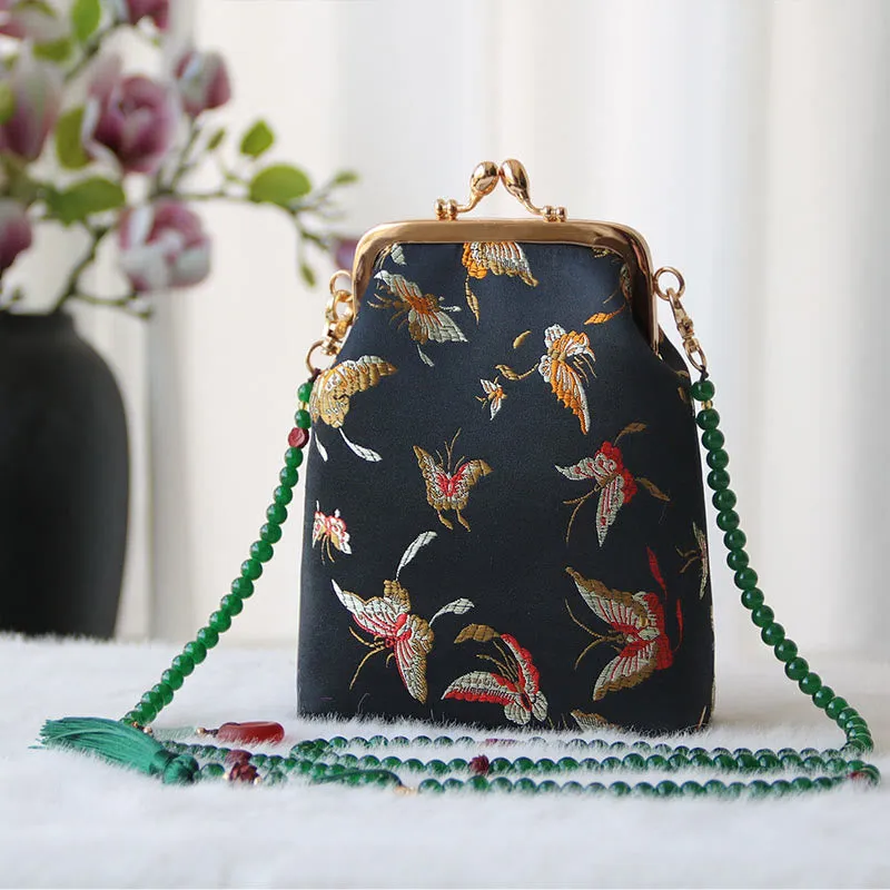 Buddha Stones Retro Chinese Embroidery Pearl Chain Crossbody Bag Shoudler Bag