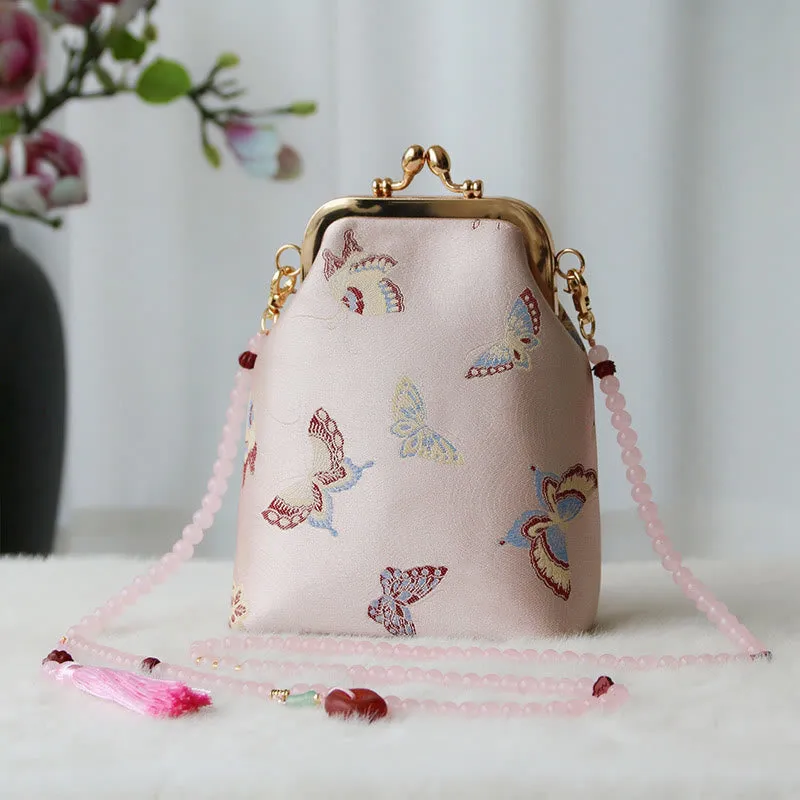 Buddha Stones Retro Chinese Embroidery Pearl Chain Crossbody Bag Shoudler Bag