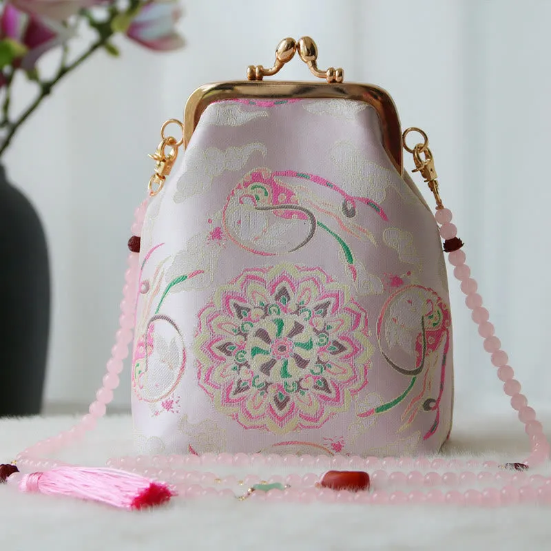 Buddha Stones Retro Chinese Embroidery Pearl Chain Crossbody Bag Shoudler Bag