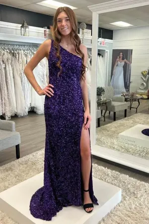 Cheap Mermaid 2025 One Shoulder Prom Dresses Purple Sequins Long Formal Wears