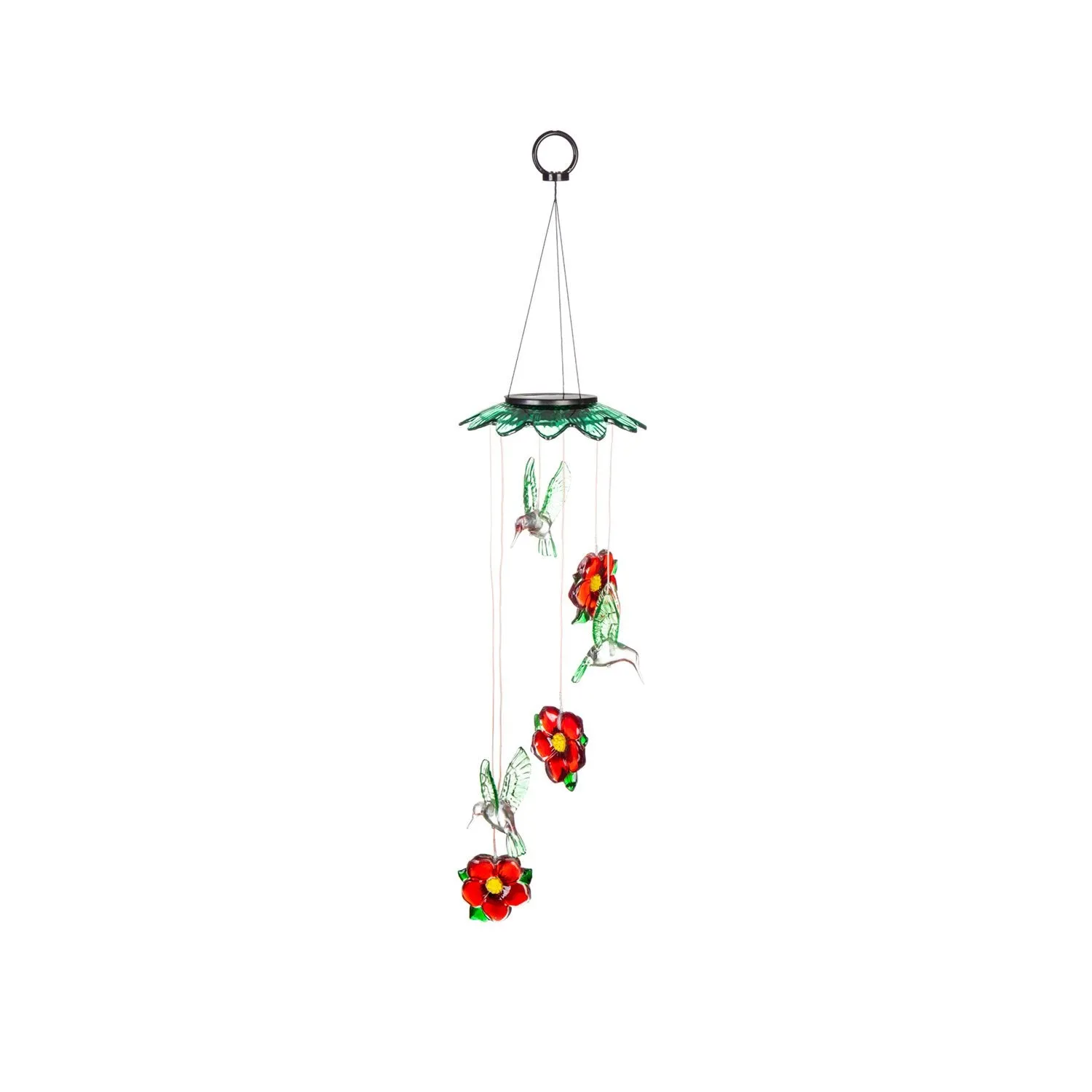 Color Changing Solar Mobile with single flower top, Hummingbirds and Flowers,7.09"x7.09"x28"inches