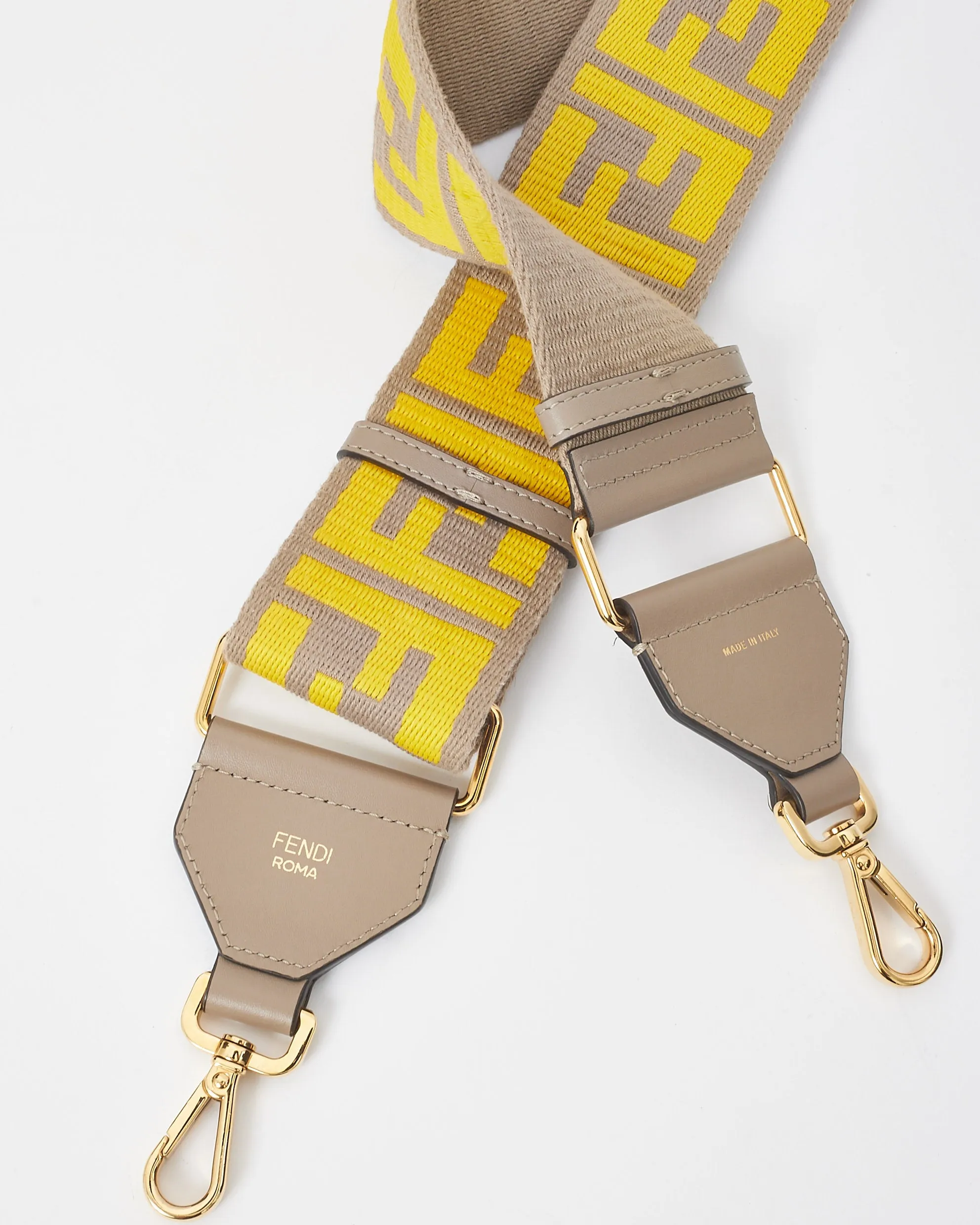 Fendi Taupe & Yellow Fabric Ribbon Vitello King FF 1974 Adjustable Strap