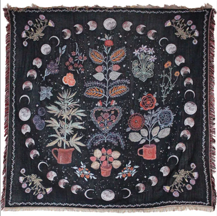 Flower Garden & Moon Phases Cotton Throw