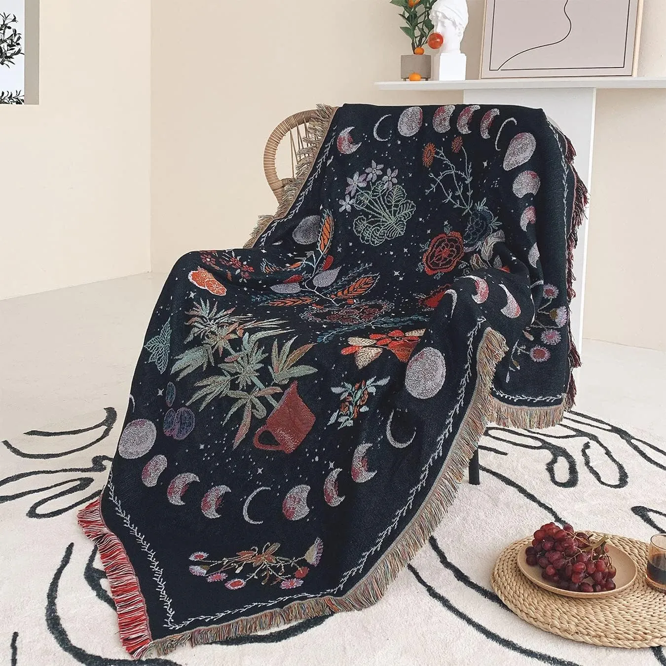 Flower Garden & Moon Phases Cotton Throw