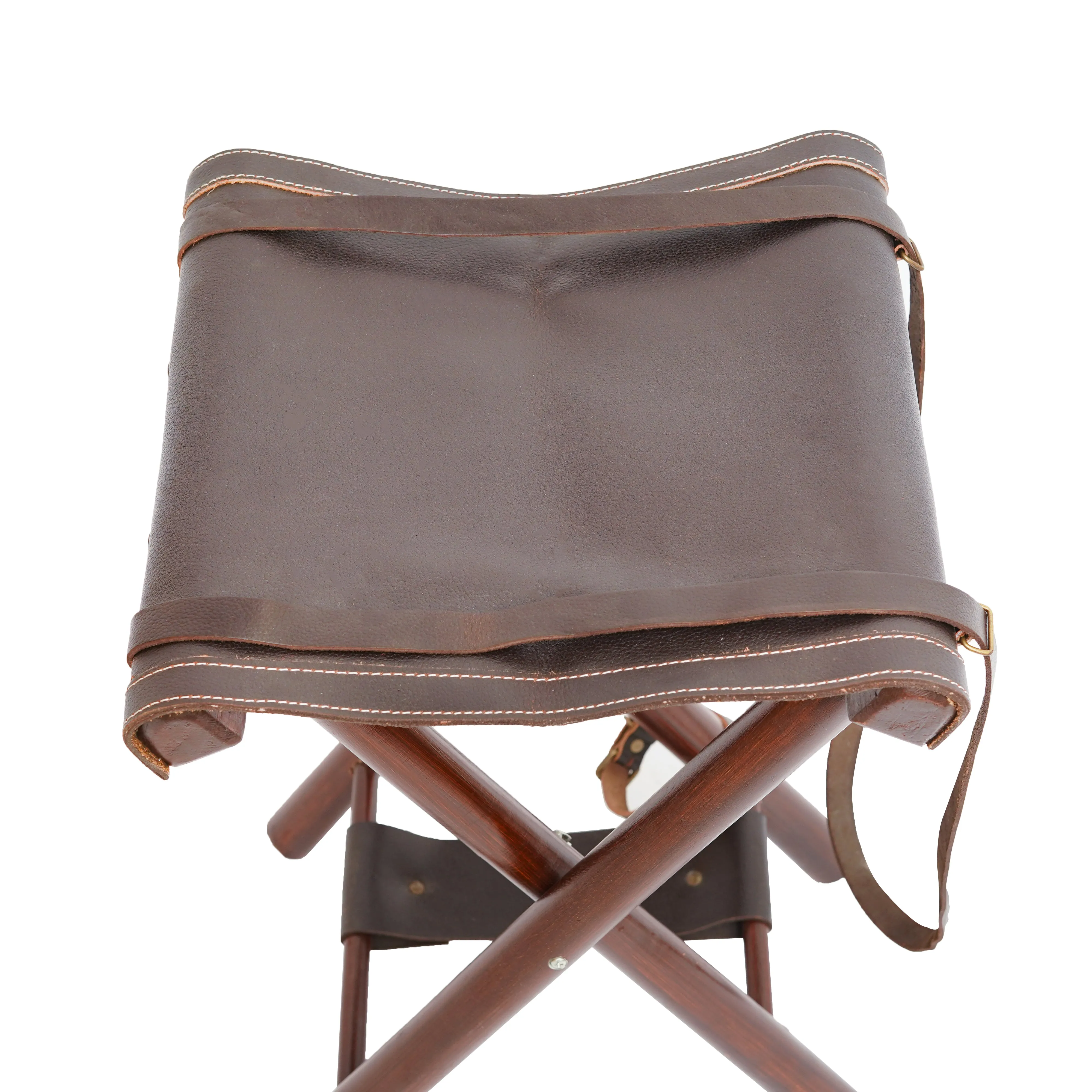 Foldable Leather Camping Stool With Adjustable Leather Strap