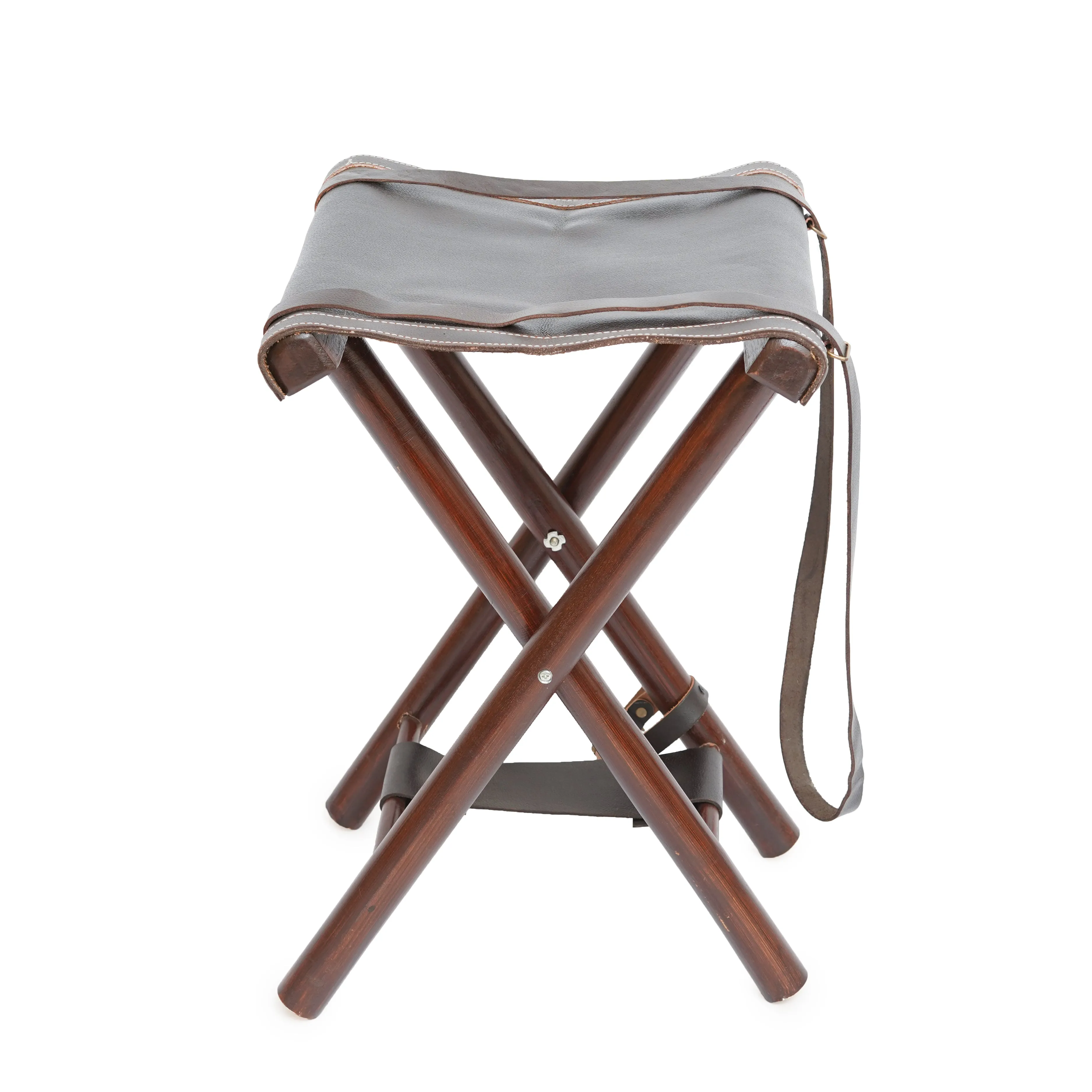 Foldable Leather Camping Stool With Adjustable Leather Strap