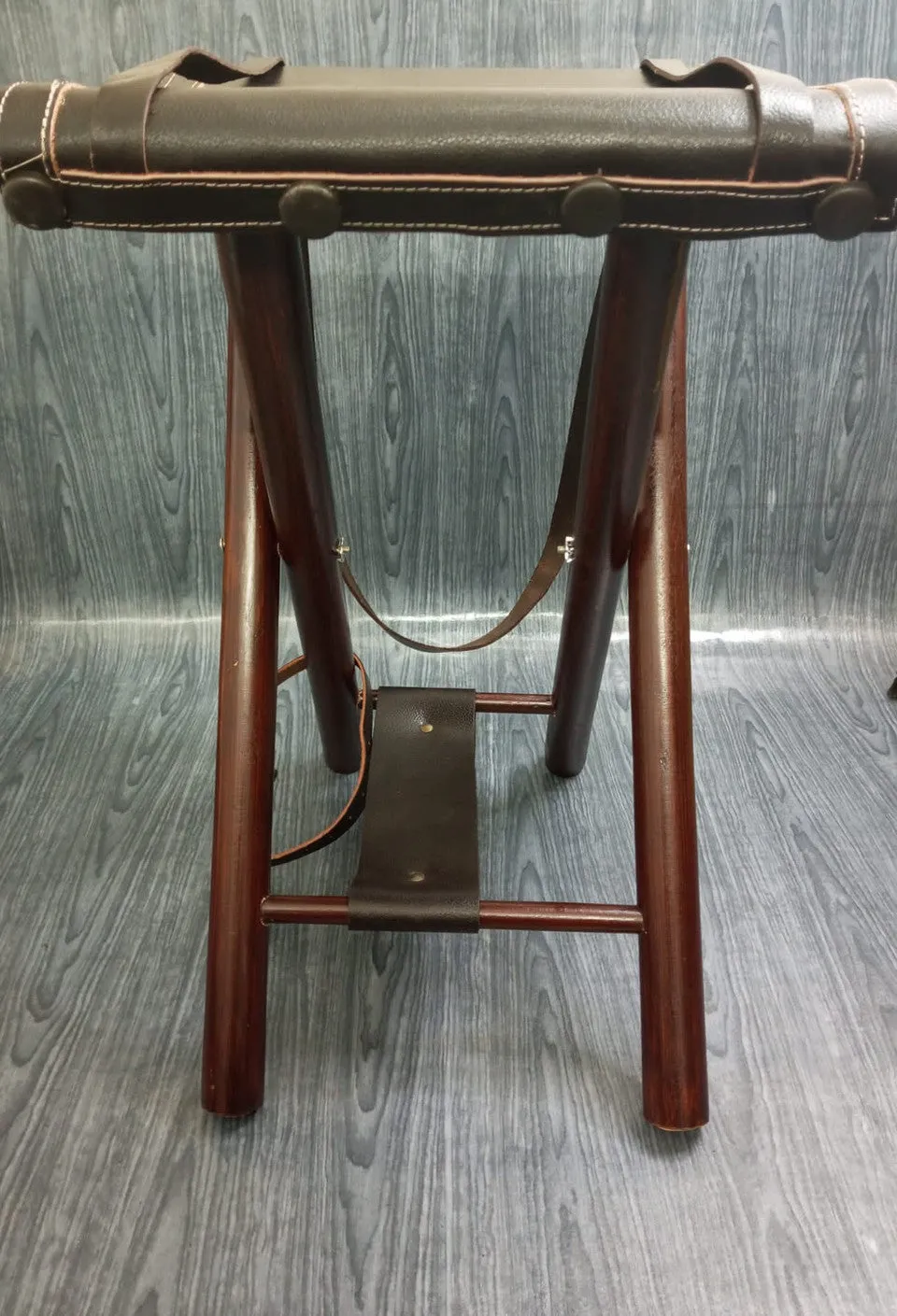 Foldable Leather Camping Stool With Adjustable Leather Strap