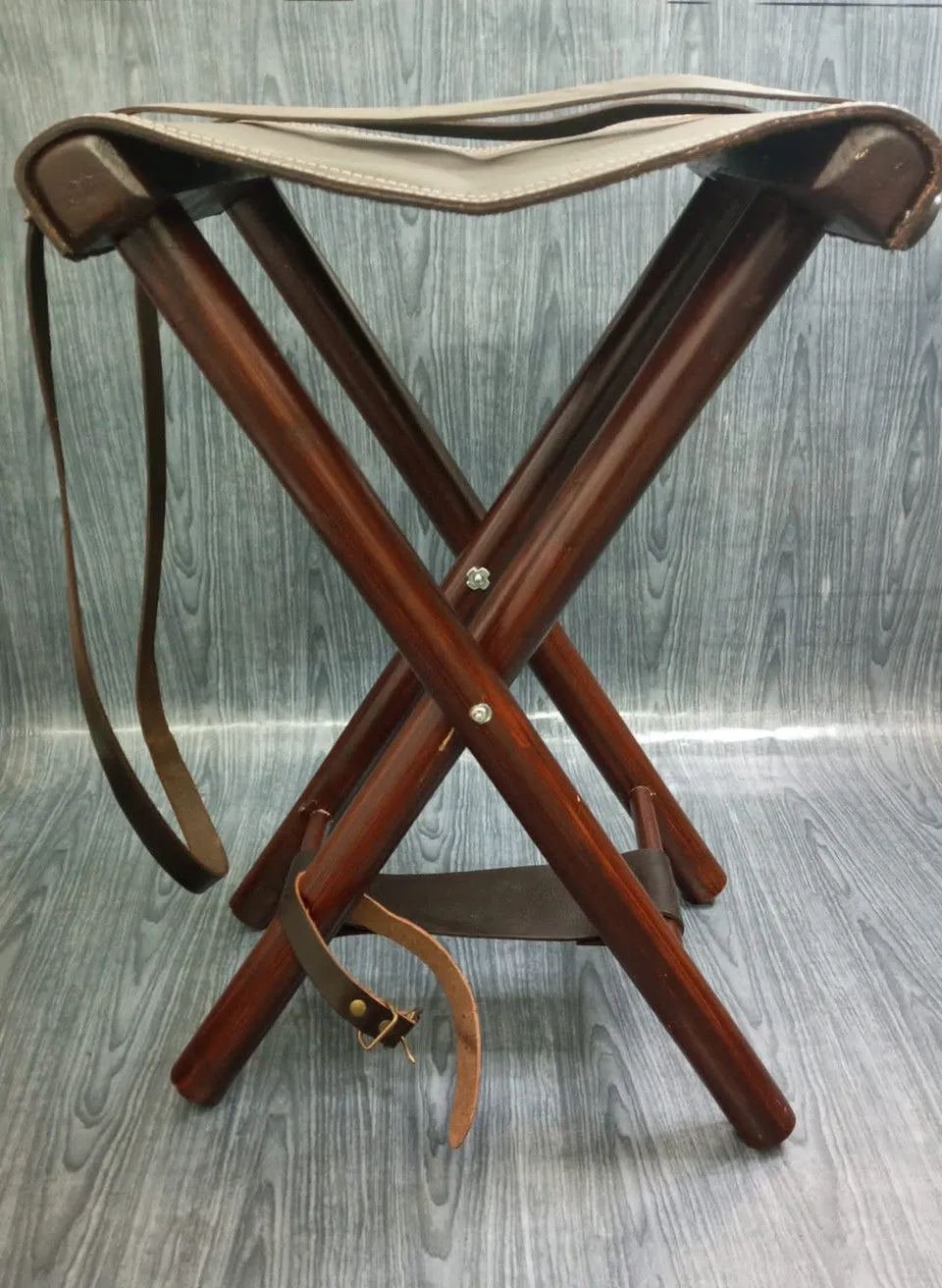 Foldable Leather Camping Stool With Adjustable Leather Strap