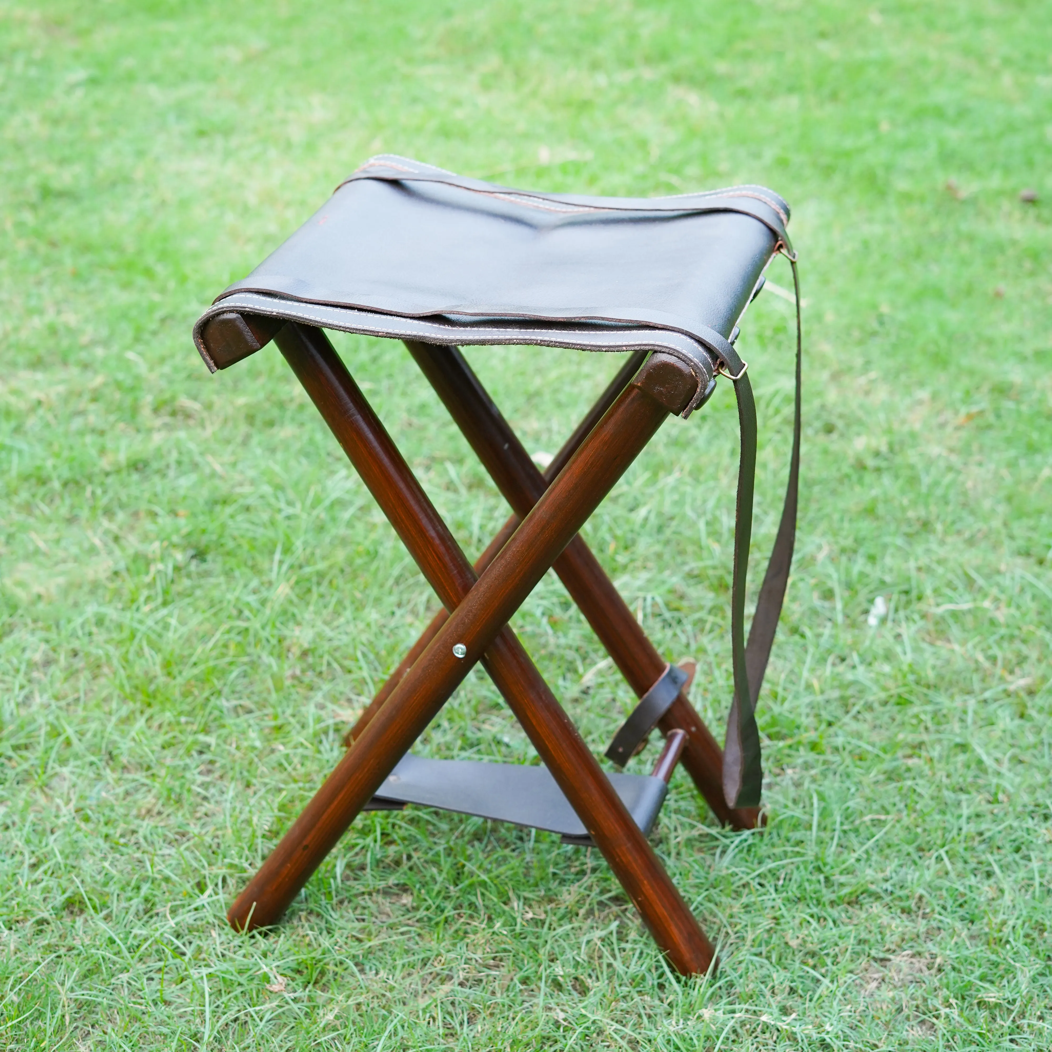 Foldable Leather Camping Stool With Adjustable Leather Strap