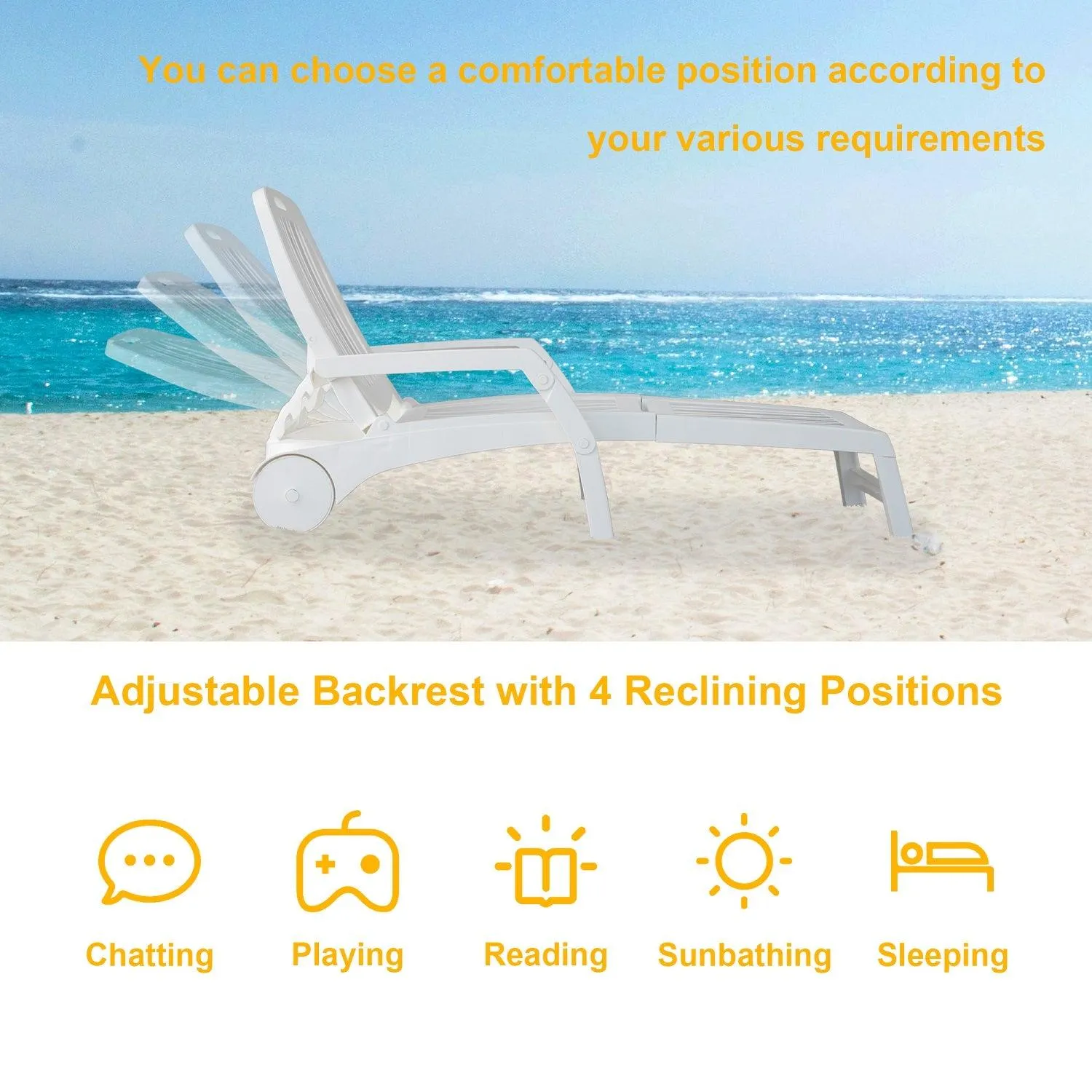 Folding Beach Lounger with Storage Space, Plastic Lounger Backrest with Four Special Adjustable Angle, with Wheels