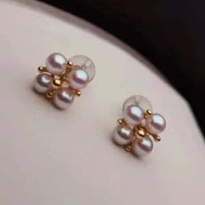 Four Petal Rosette Round White Baby Pearl Earring Studs in Gold
