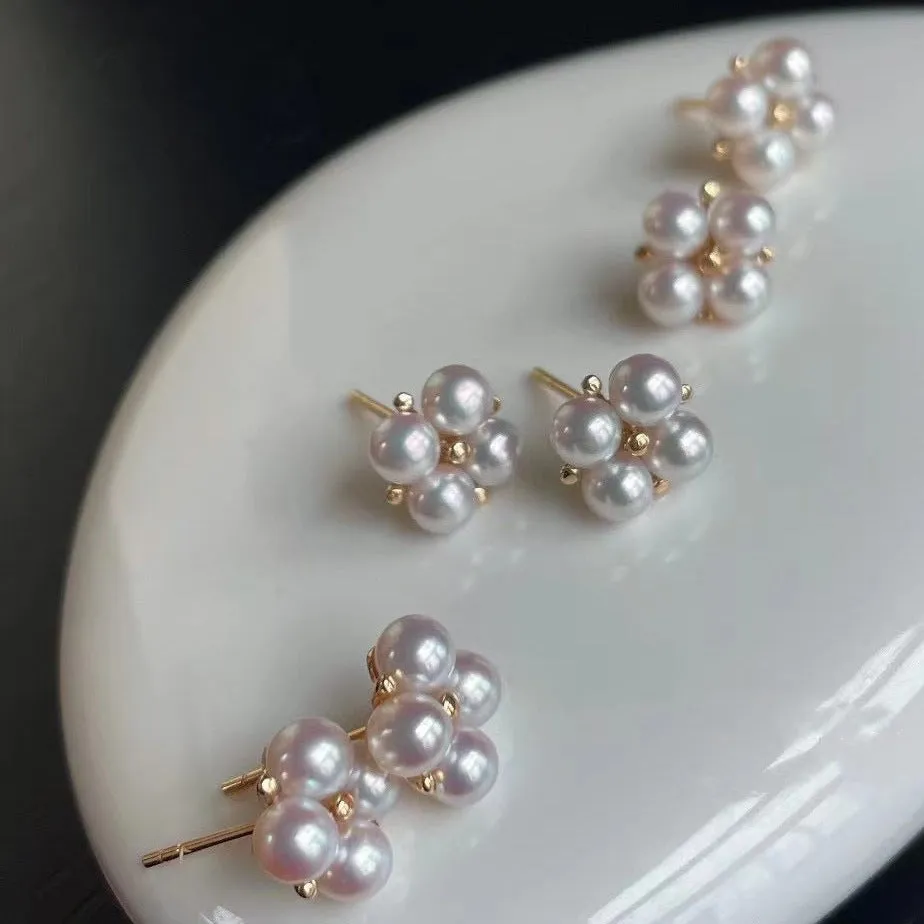 Four Petal Rosette Round White Baby Pearl Earring Studs in Gold