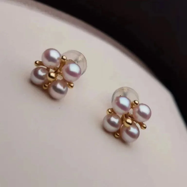 Four Petal Rosette Round White Baby Pearl Earring Studs in Gold