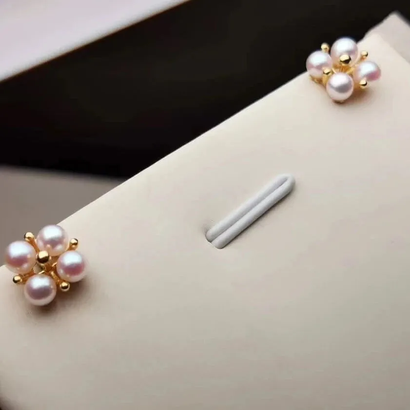 Four Petal Rosette Round White Baby Pearl Earring Studs in Gold