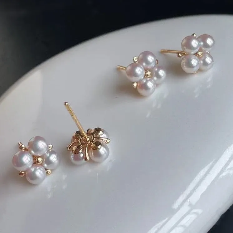 Four Petal Rosette Round White Baby Pearl Earring Studs in Gold
