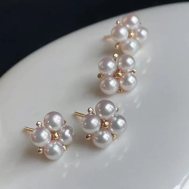 Four Petal Rosette Round White Baby Pearl Earring Studs in Gold