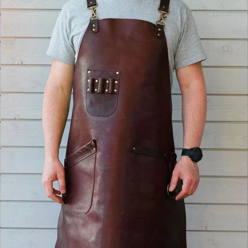 Genuine Leather Woodworking Apron with Multiple Pockets