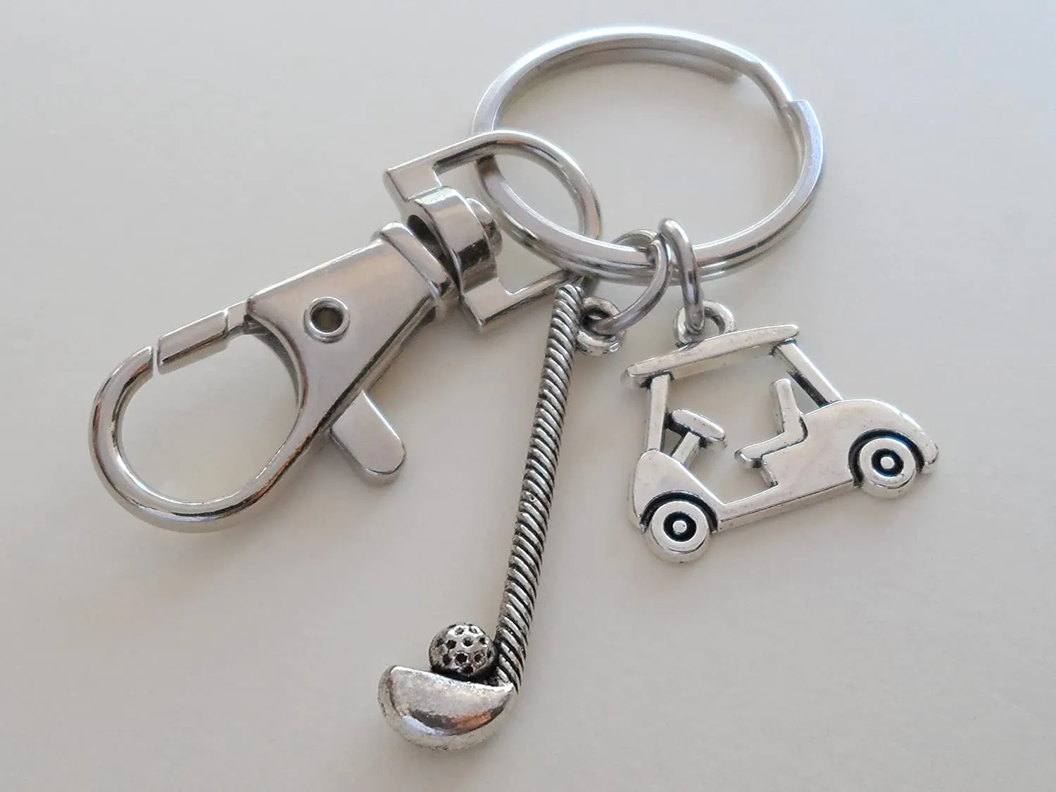 Golf Keychain with Golf Club Charm, Golf Cart Charm, and Swivel Clasp Hook, Golfer or Coach Keychain