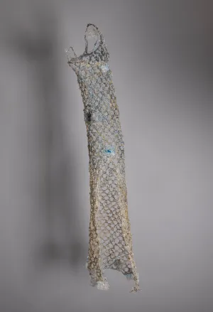 Hanging Wire Sculpture Gold and Light Blue ~ Cylindratis Rete (Cylindrical Net) Sculpture