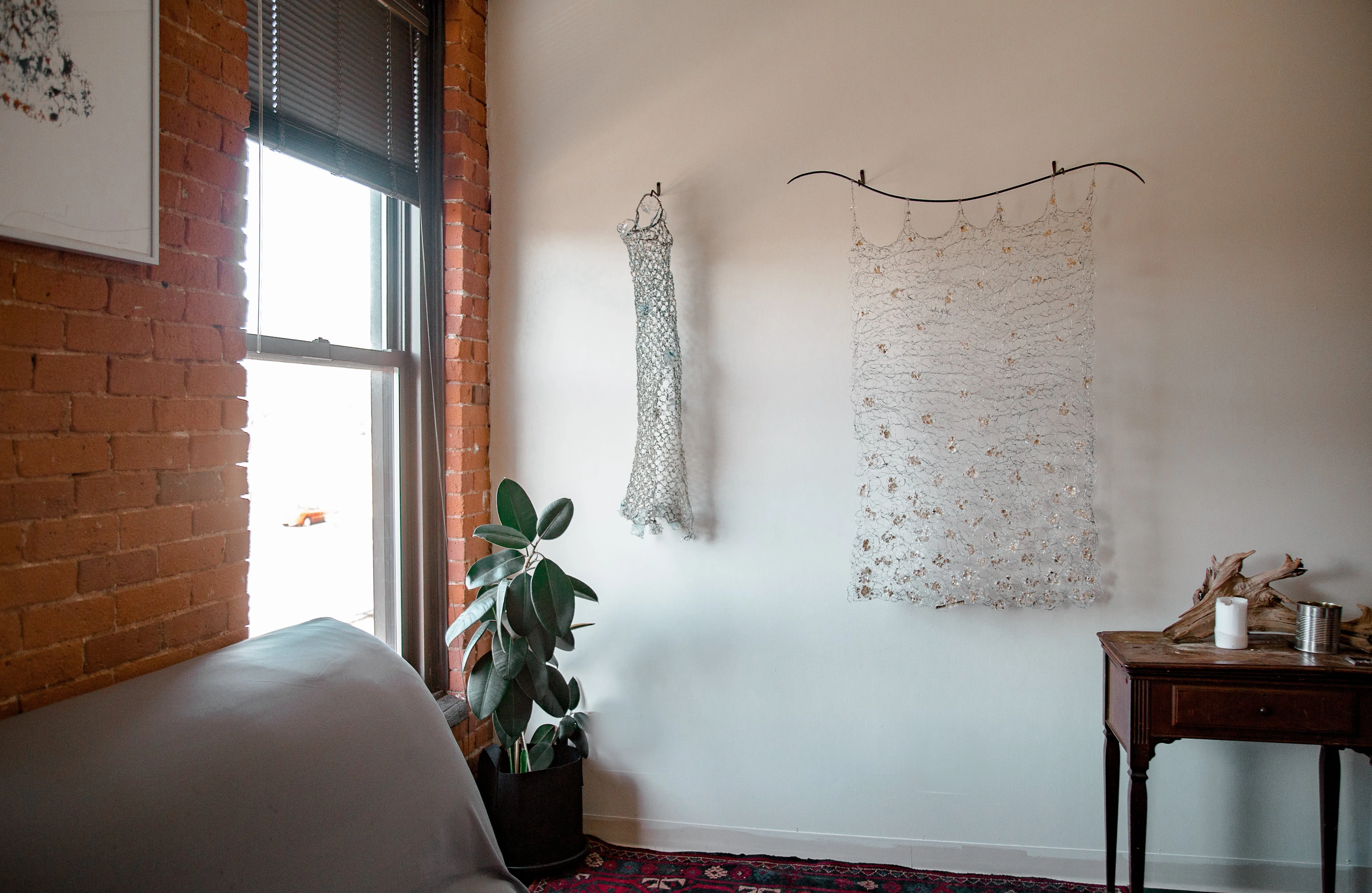 Hanging Wire Sculpture Gold and Light Blue ~ Cylindratis Rete (Cylindrical Net) Sculpture