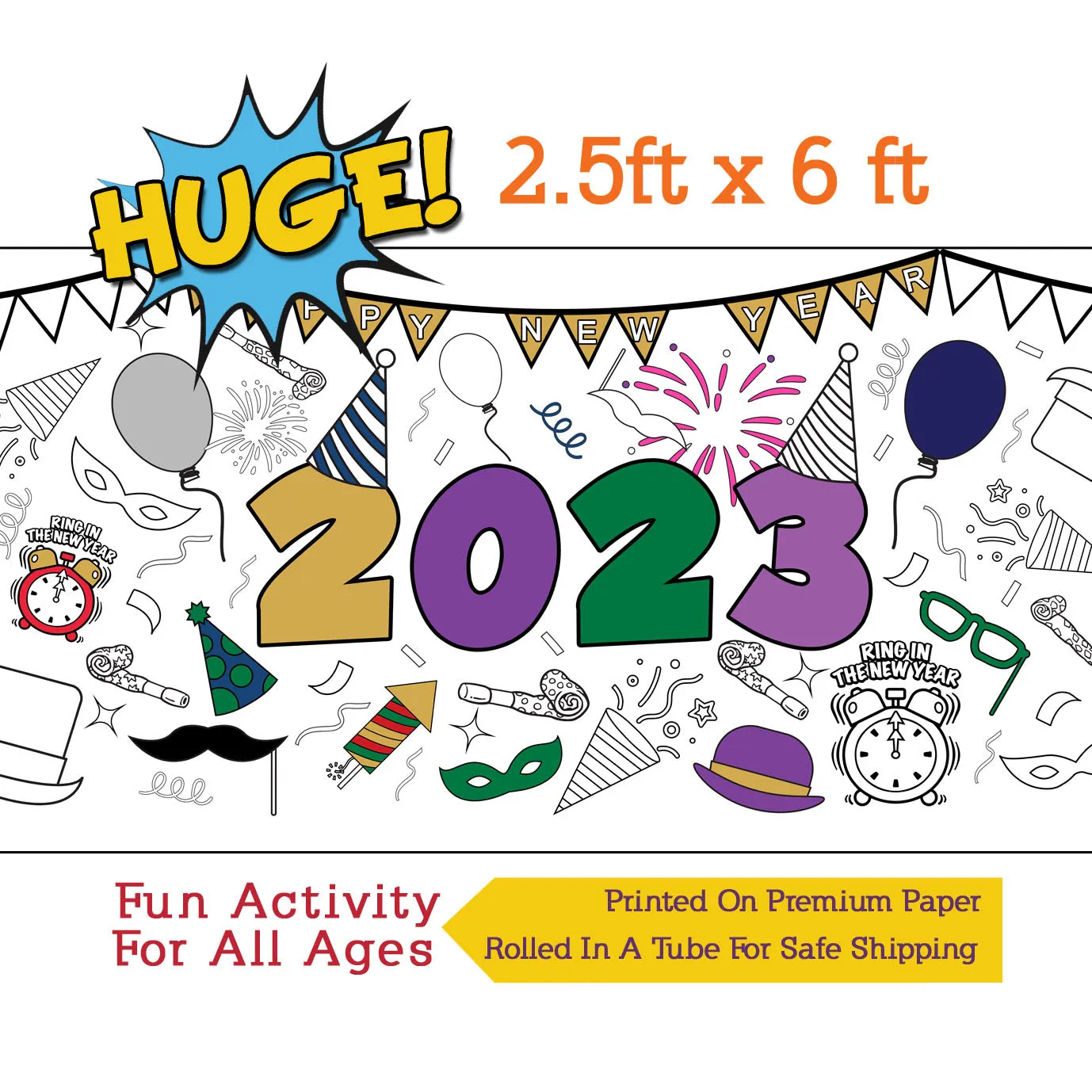 Happy New Year Coloring Banner, Poster, Paper Table Cover